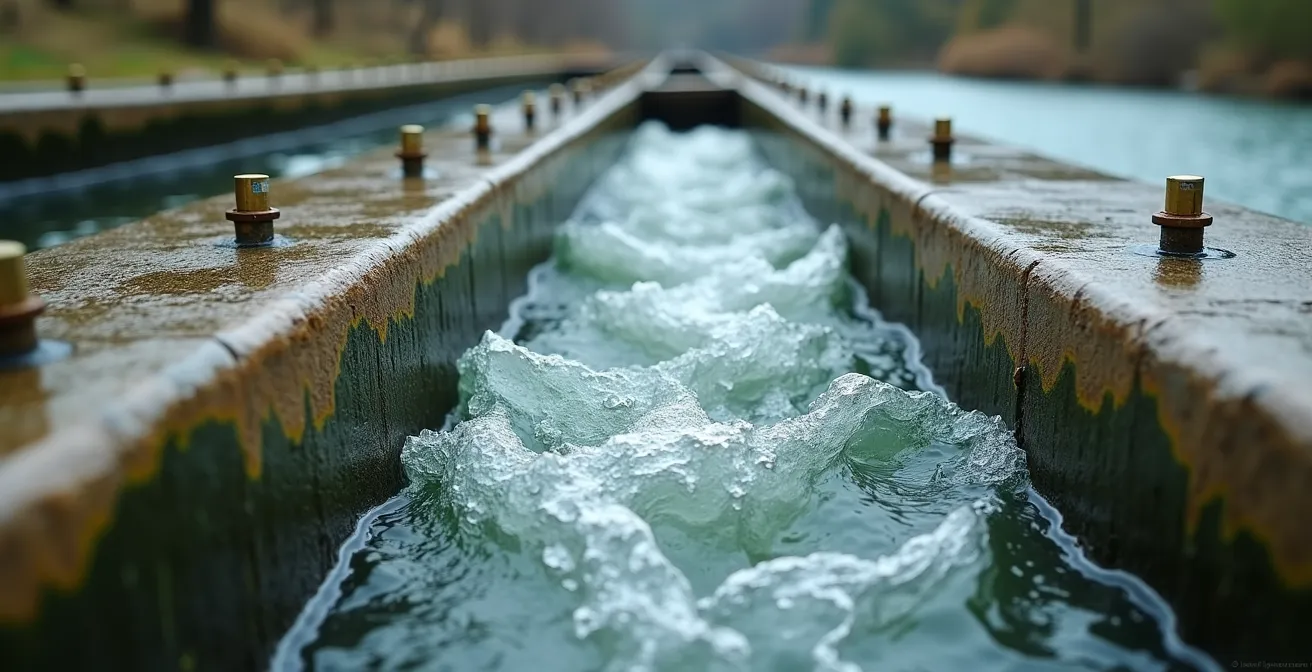 Close-up view of modern fish ladder with integrated sensors and adjustable flow mechanisms