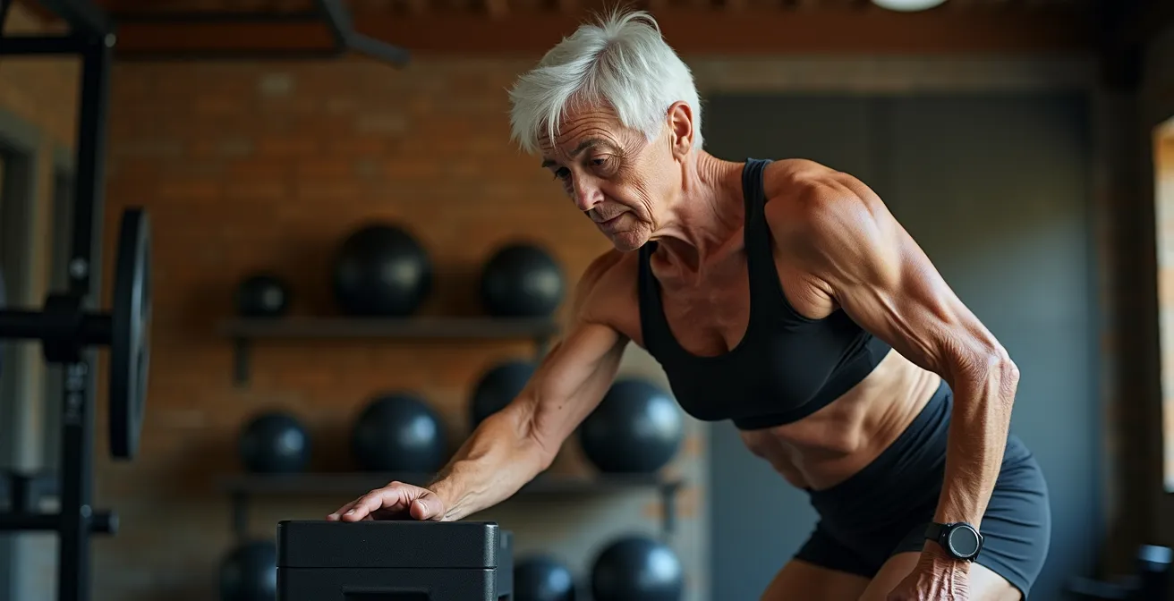 A vibrant, athletic senior in their 70s performing a step-up, showcasing strength and vitality.