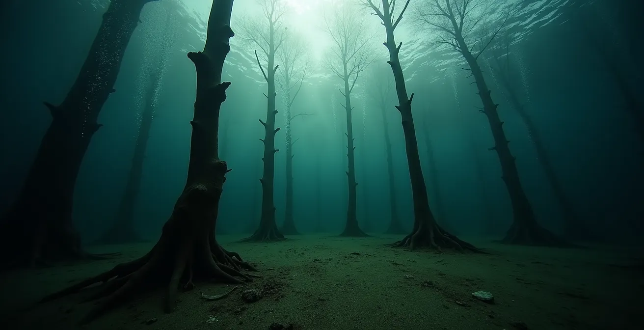 Underwater view showing stratified water layers in a tropical reservoir with visible gas bubbles rising