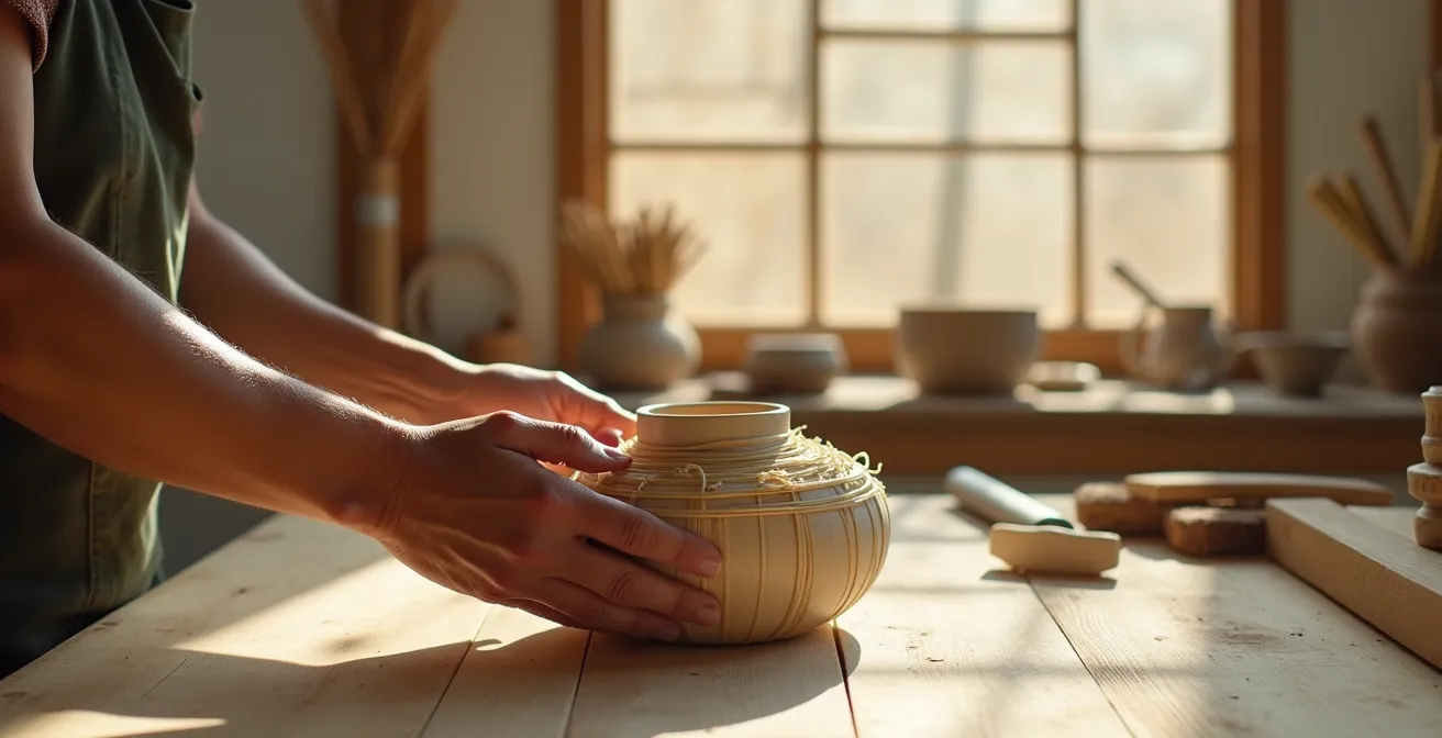 Craftsperson's hands carefully wrapping a ceramic piece in traditional protective materials