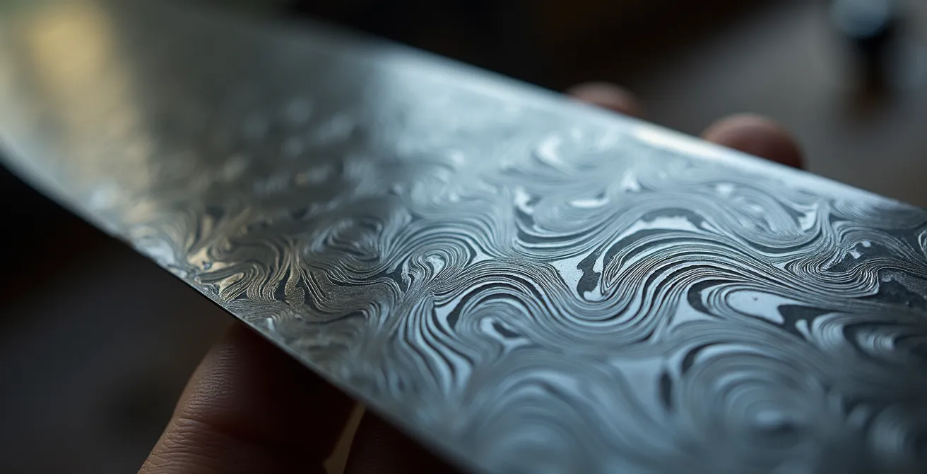 Close-up comparison of authentic Damascus steel pattern versus factory-made fake pattern