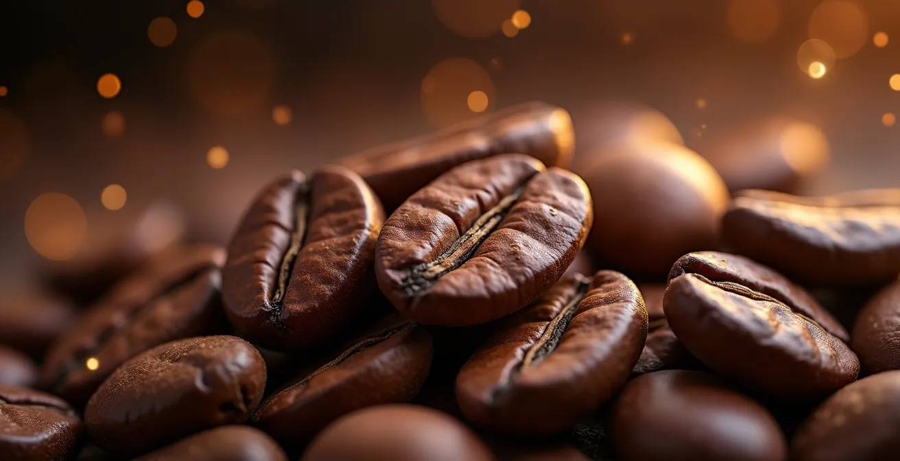 Macro shot of cacao beans with digital network overlay suggesting blockchain connectivity