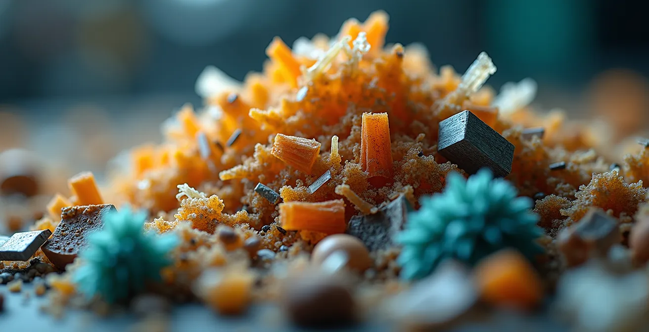 Extreme close-up of recycled materials showing textures and transformation potential