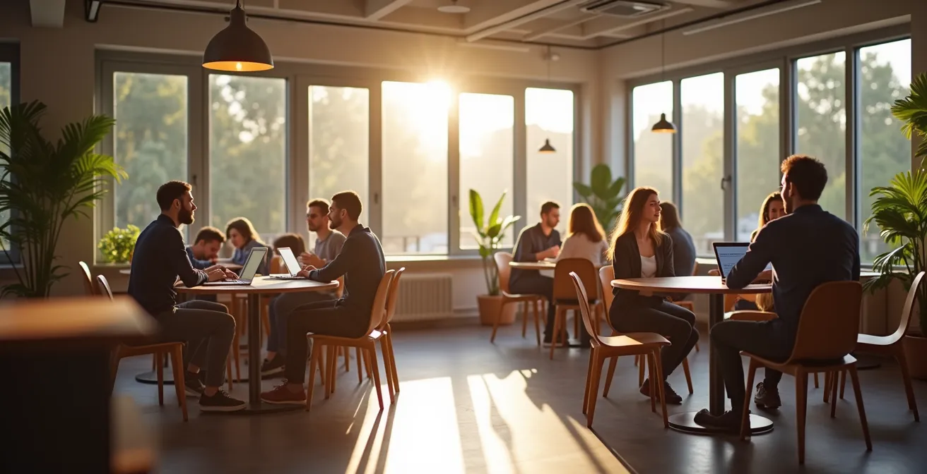 Modern co-living space with remote workers collaborating in shared areas