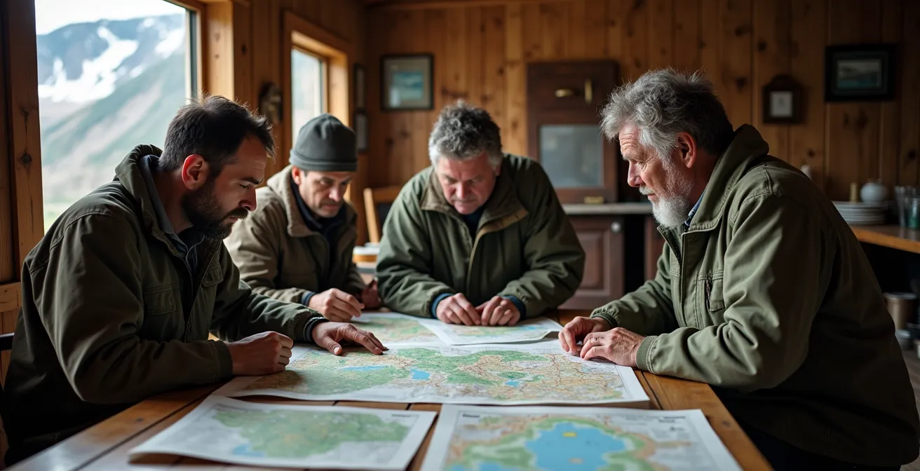 Wildlife guide training local shepherds in a rural mountain setting with tracking equipment