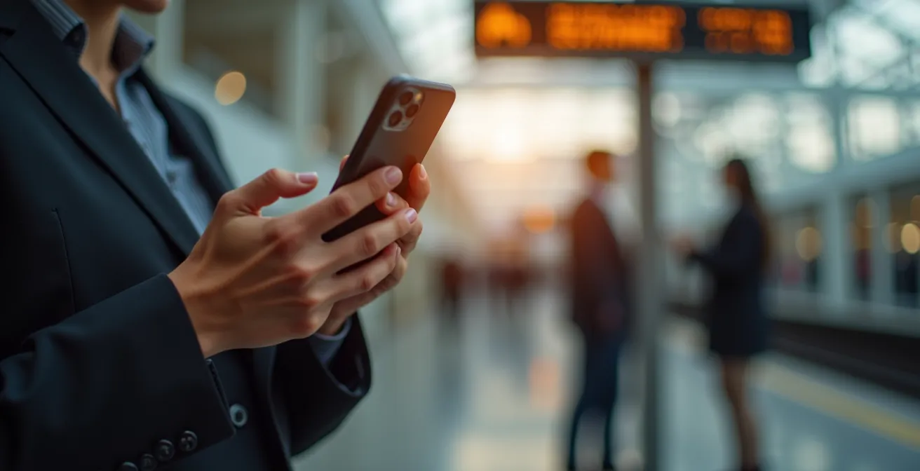 Professional using smartphone transit app while waiting at modern station