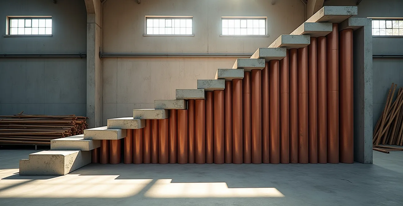 Construction materials arranged in ascending staircase pattern representing rising costs
