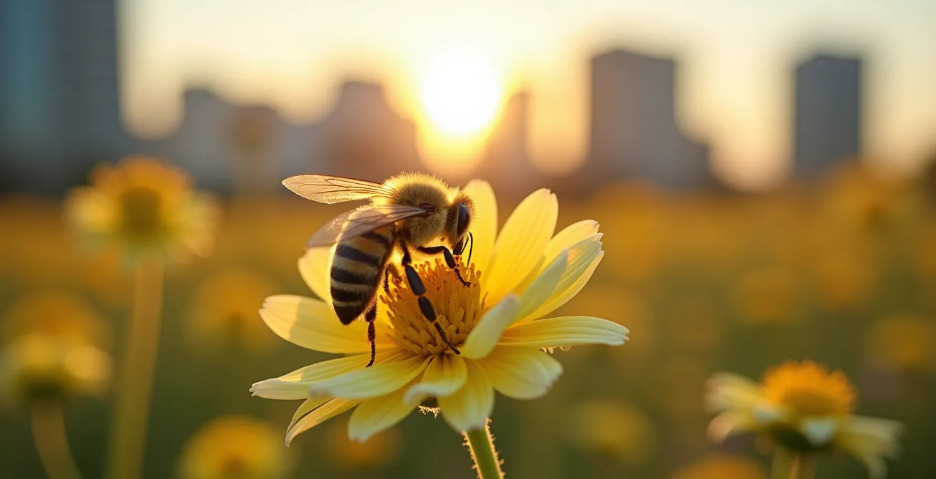 Extreme close-up of native wildflowers and pollinators in corporate campus meadow showing natural ecosystem integration