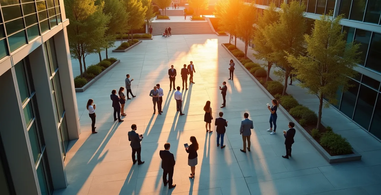 An abstract visualization of professional network connections forming organically on a modern university campus.