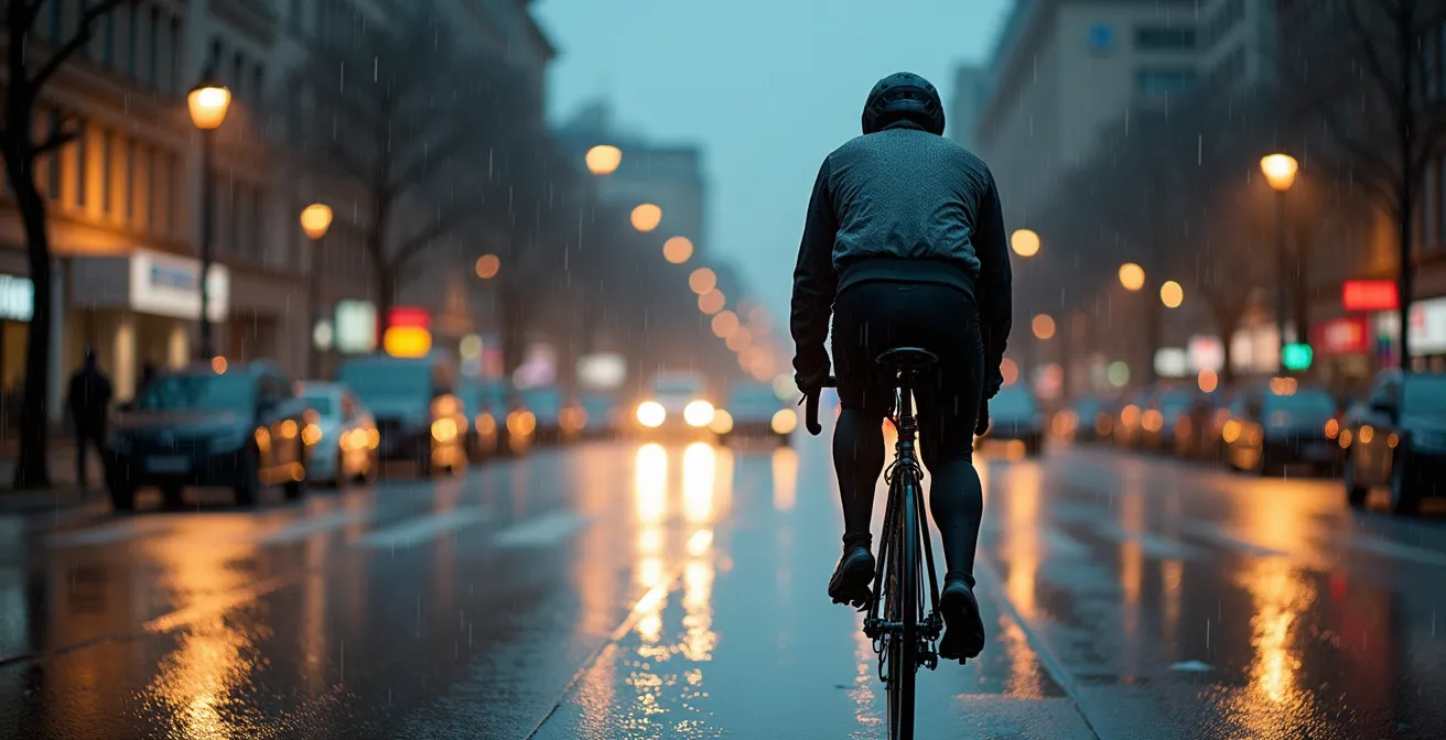 Cyclist in professional rain gear navigating wet city street