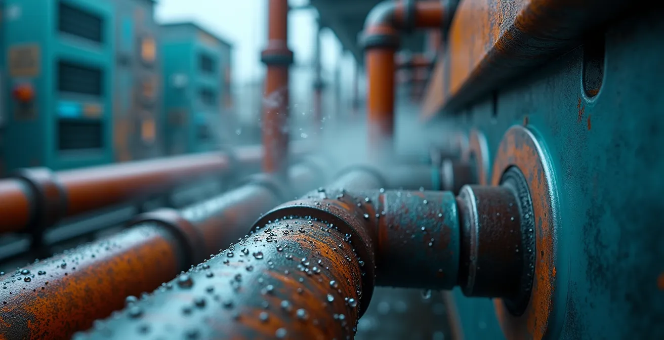 Data center cooling system with visible heat exhaust pipes connected to thermal energy recovery infrastructure