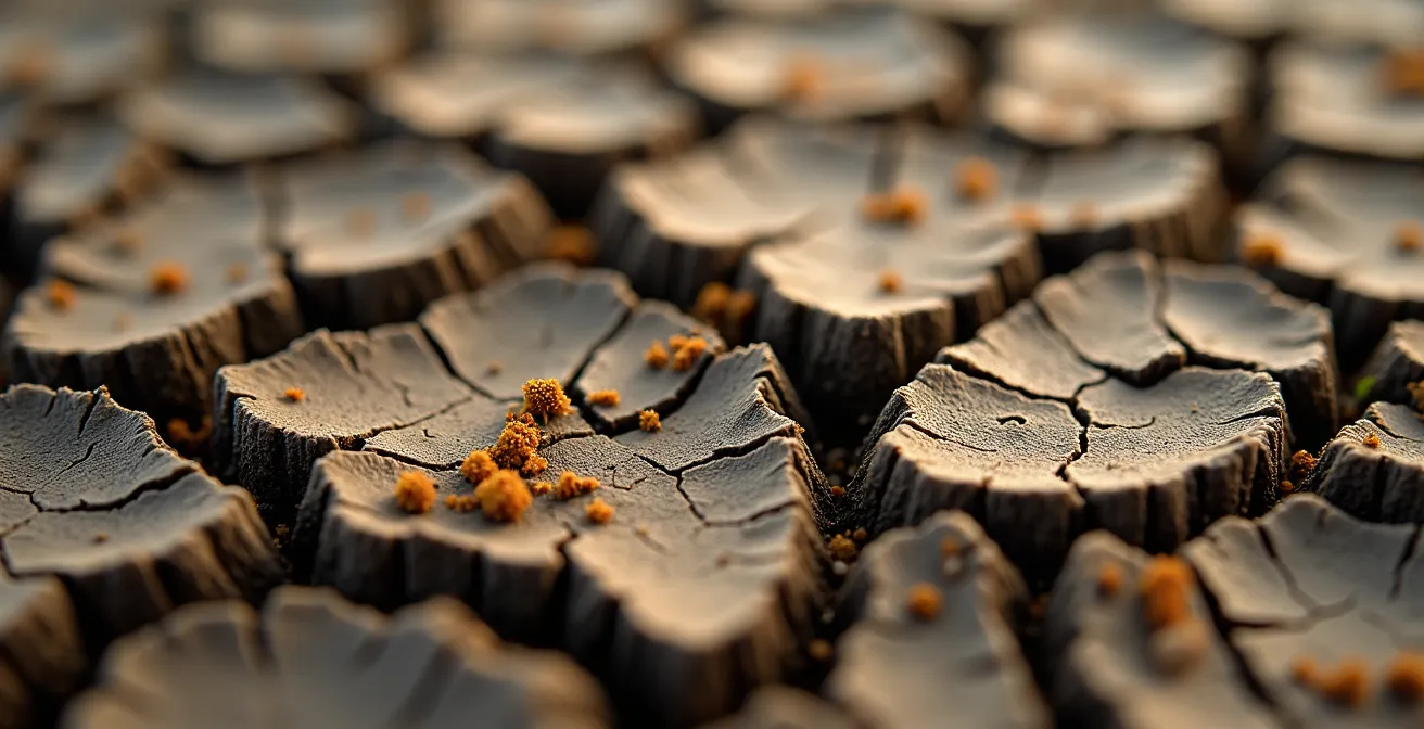 Close-up of dried peatland showing deep cracks and subsidence patterns