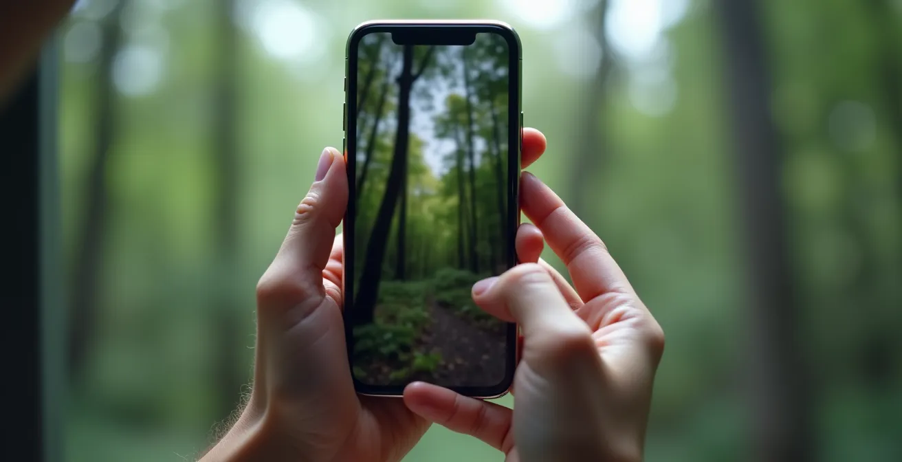 Hands holding a smartphone showing a nature photo, with a finger symbolically removing the location data pin from the image.