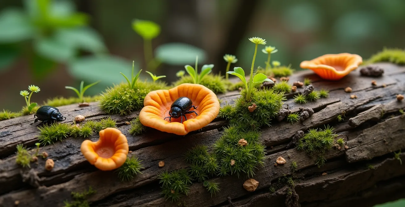 Close-up macro view of deadwood with fungi and moss showing natural decomposition processes