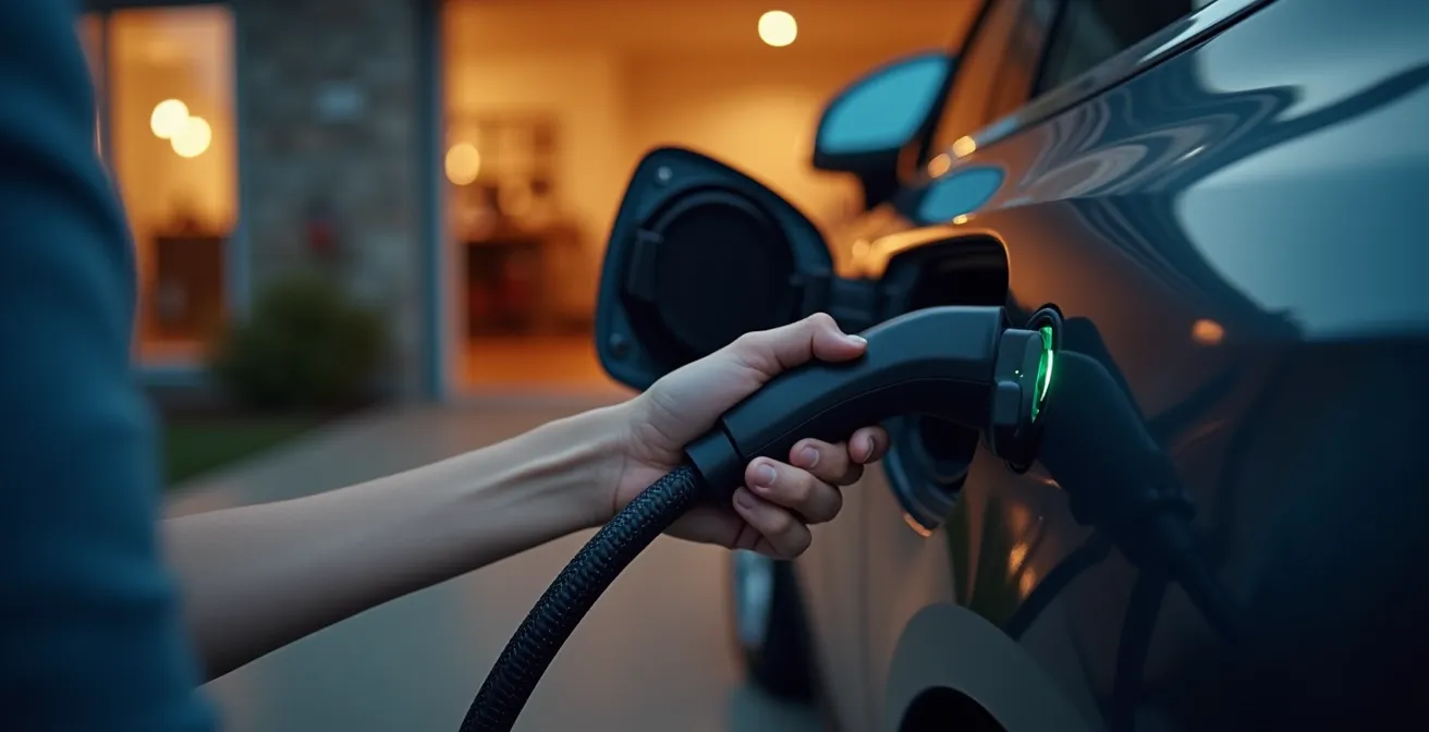 Electric vehicle connected to home energy system showing bidirectional power flow concept