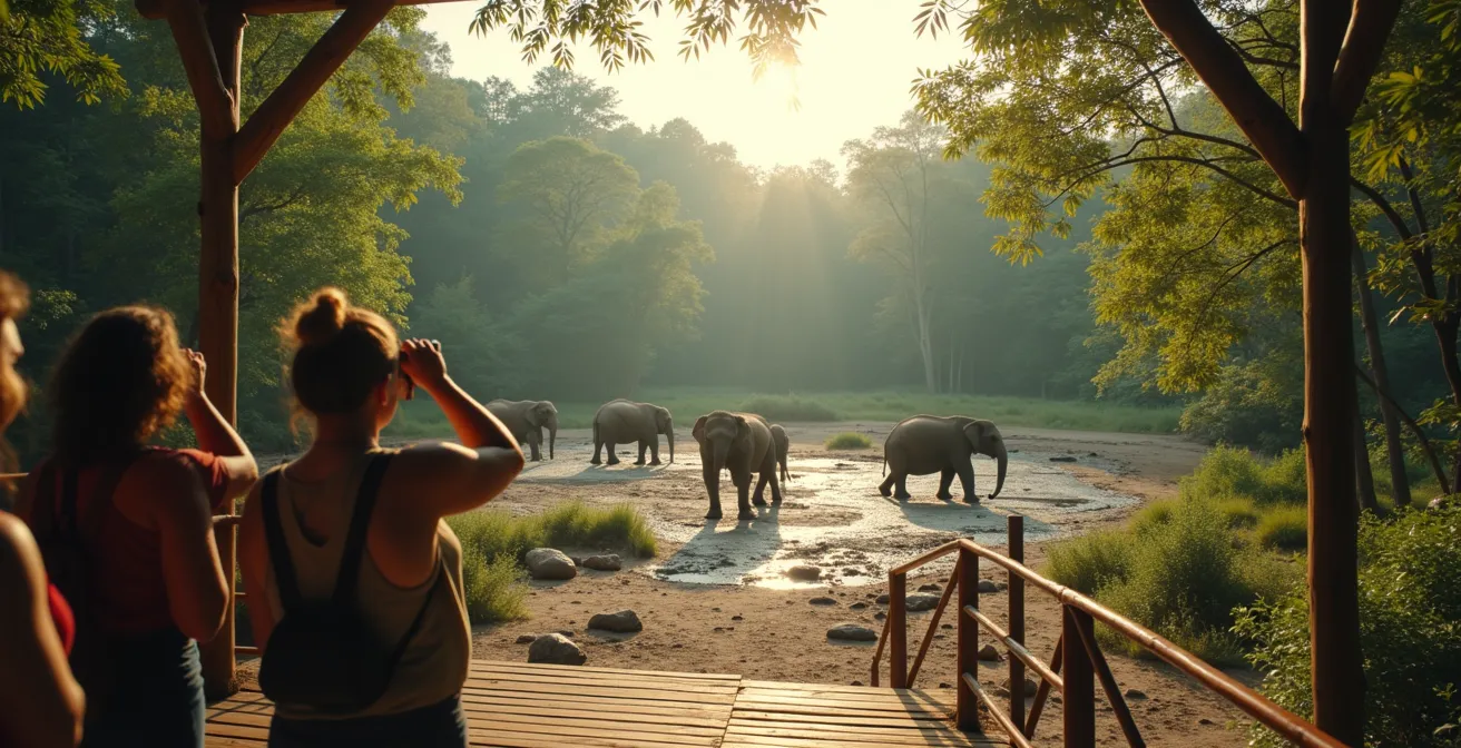 Visitors observing elephants from an elevated wooden platform in a natural forest setting