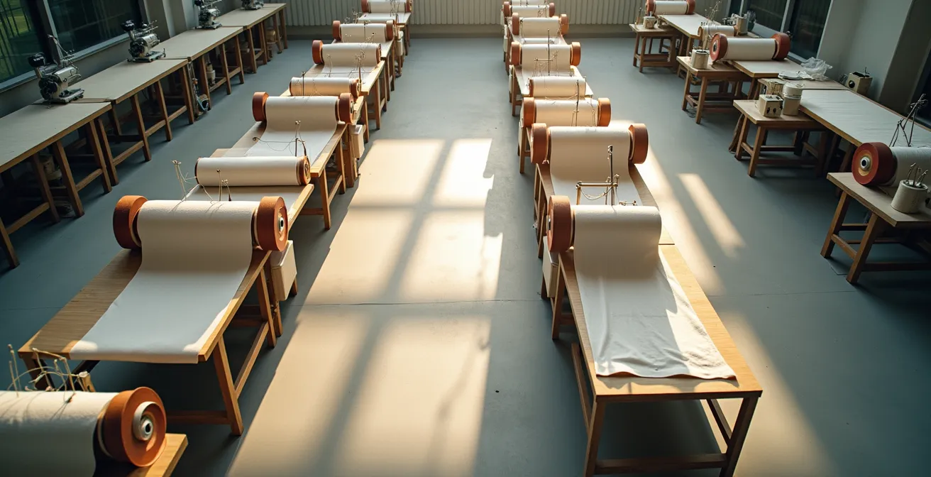 Wide shot of industrial sewing workspace with raw cotton materials suggesting global supply chain