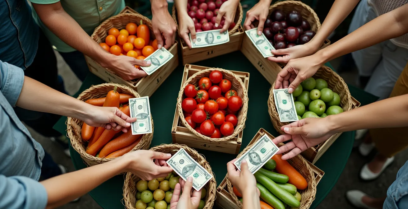 Visual representation of money flow staying in local community through farmers market purchases