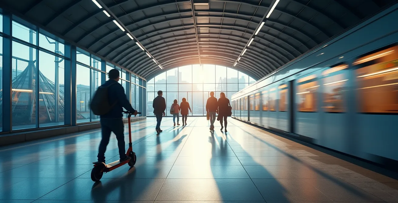 Transit station with integrated micromobility options showing seamless connections