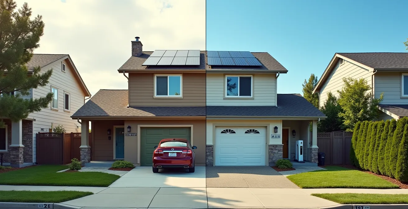 Split-screen view showing home evolution from traditional to net-zero over five year period