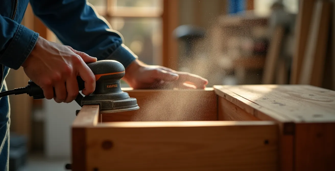 Close-up view of proper furniture sanding technique without disassembly