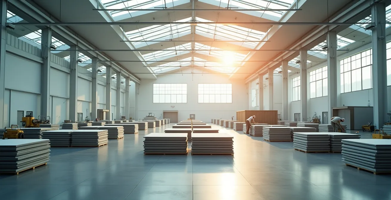 Wide angle view of modern sustainable manufacturing facility with modular production lines
