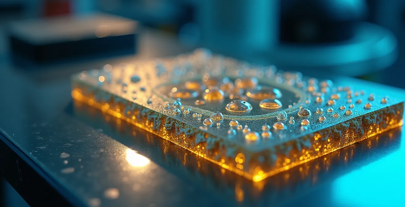 An extreme close-up of a green technology hardware component, showing intricate details that represent deep tech complexity.