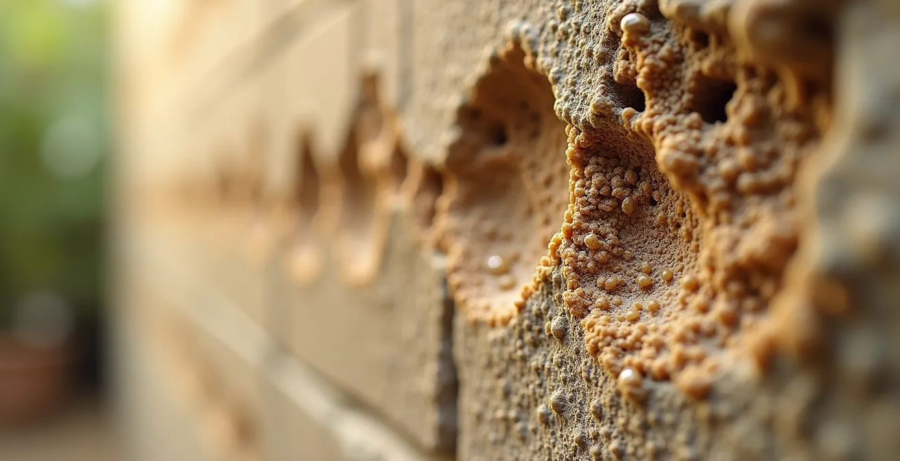 Cross-section view of hemp-lime wall showing moisture vapor movement through breathable material