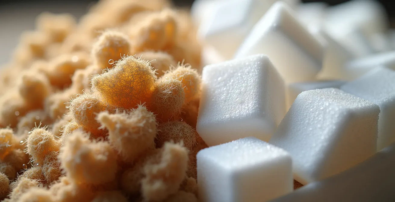 Cross-section comparison of hemp wool and polystyrene insulation showing moisture behavior