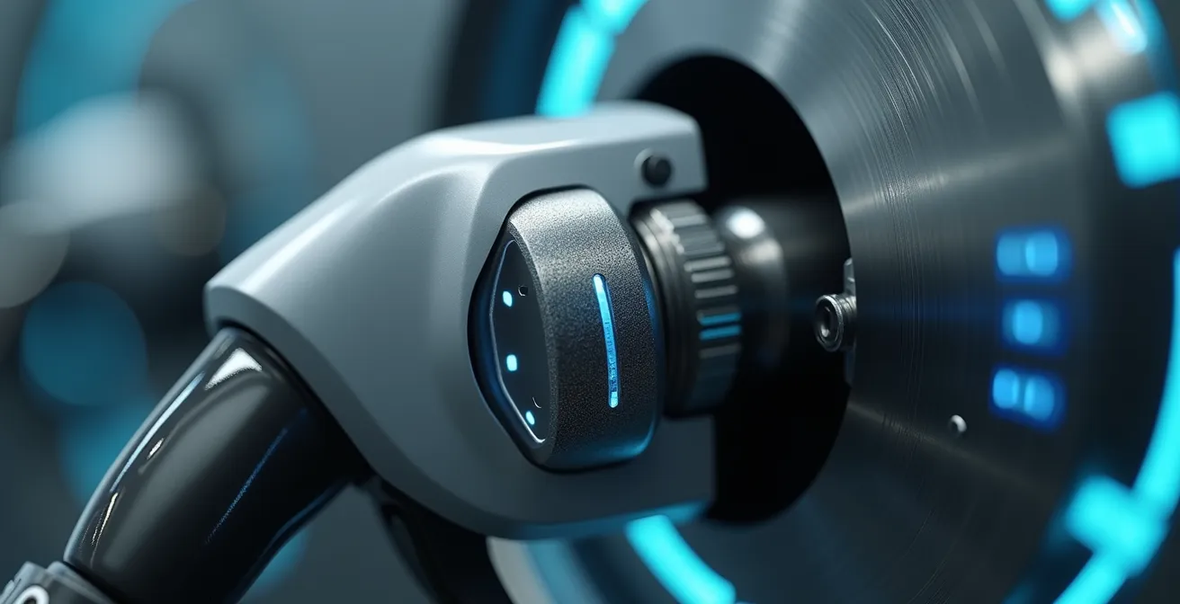 Close-up of hydrogen refueling nozzle with safety mechanisms and infrared sensors