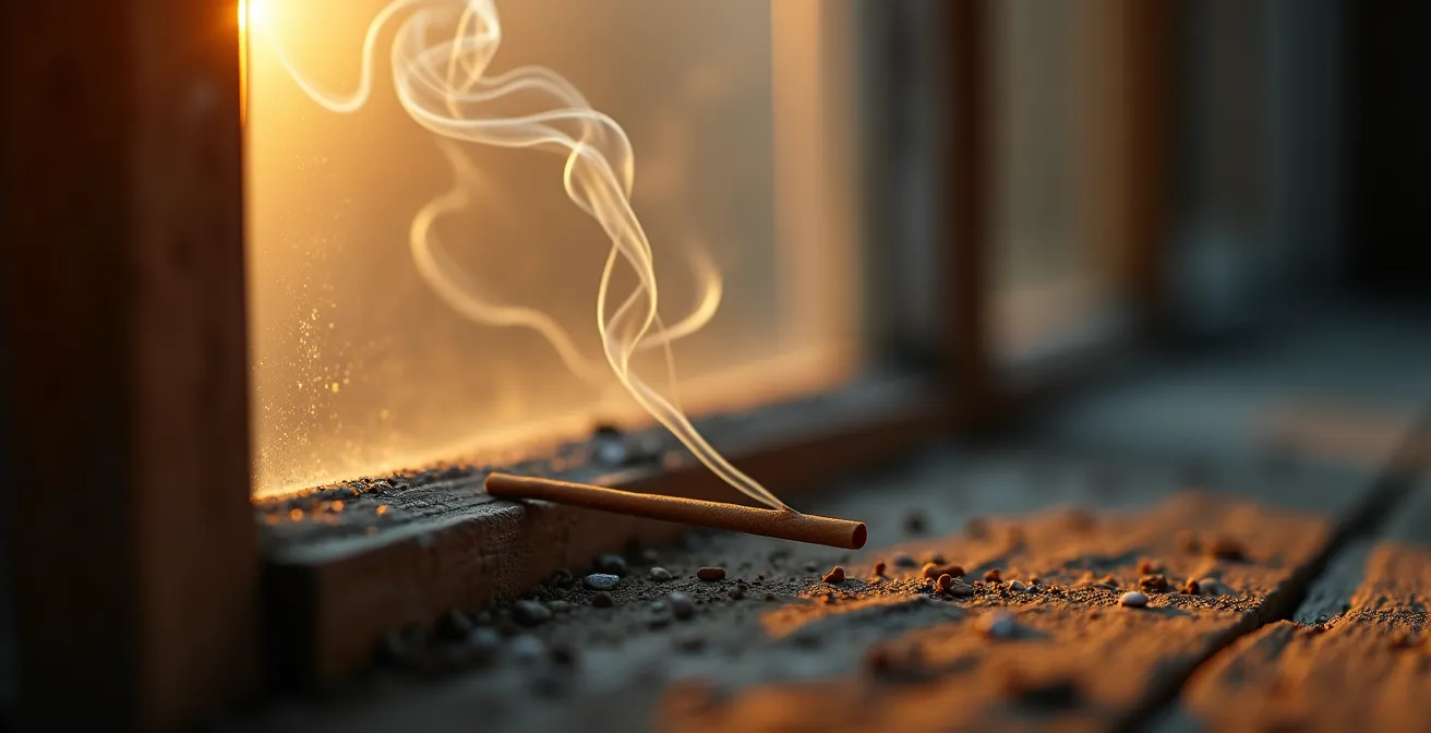 Macro shot of incense smoke revealing an air draft near a window seal, highlighting an invisible air leak.