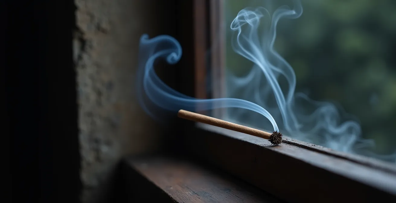 Close-up of incense stick smoke pattern revealing air movement near a window frame in a dimly lit room