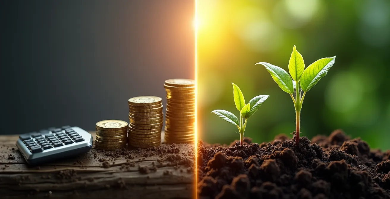Split composition showing financial charts alongside environmental impact visualizations