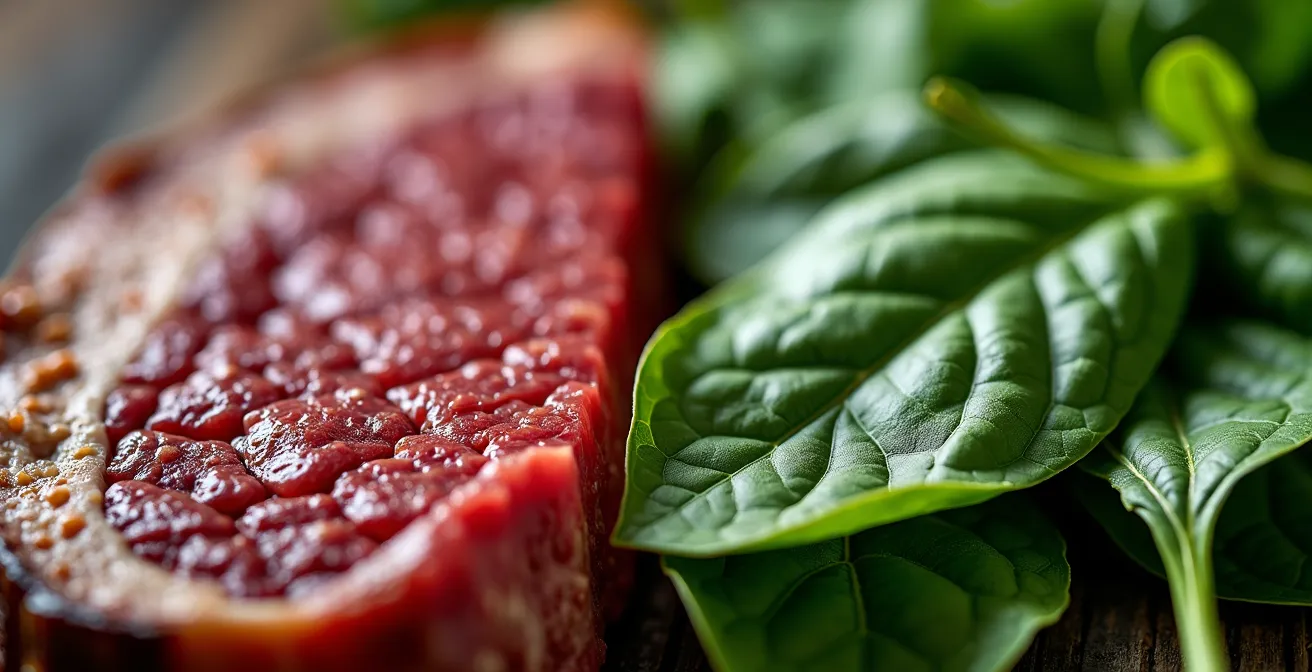 Microscopic view of iron molecules in different food matrices, showing the dense structure of steak versus the cellular layout of spinach.