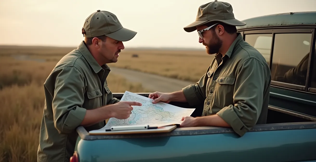 Environmental consultant and landowner examining habitat maps in an outdoor setting