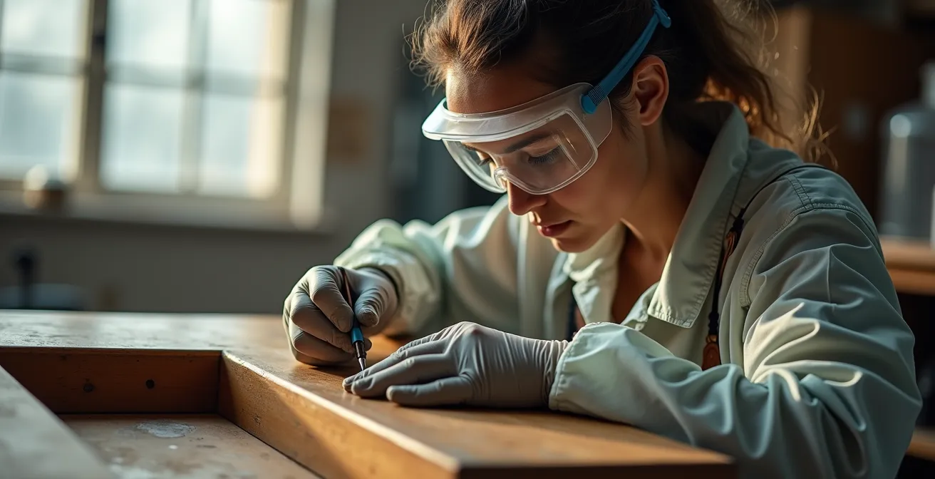 Professional demonstration of safe lead paint removal techniques on vintage furniture