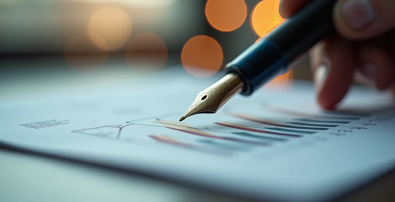 Close-up of hands signing a lease document with abstract financial patterns