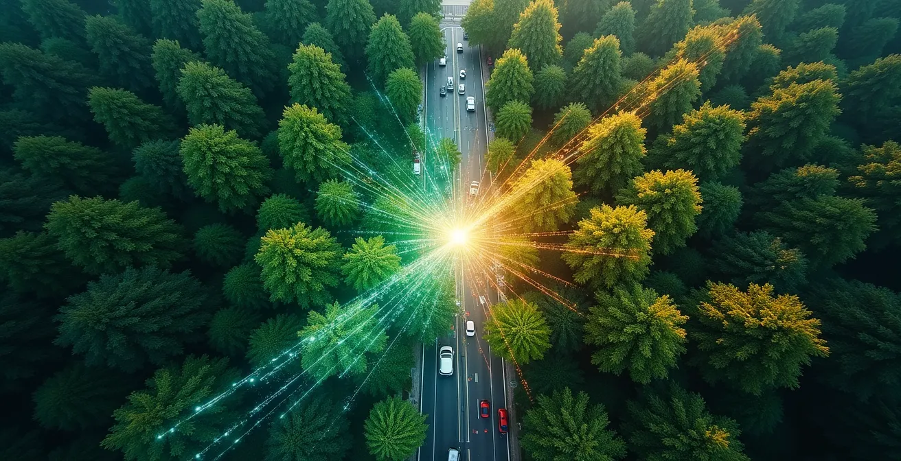 Aerial LiDAR scanning system mapping urban tree canopy with colorized point cloud visualization