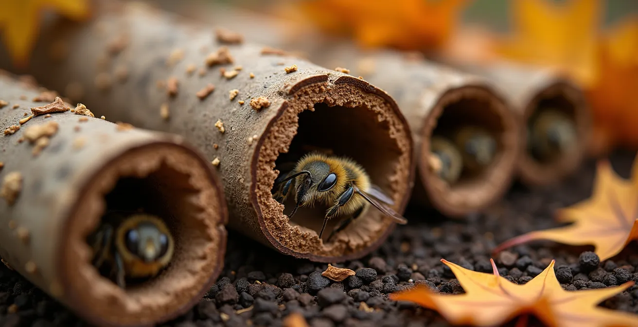 Extreme close-up of hollow plant stems showing mason bee nest chambers with mud partitions
