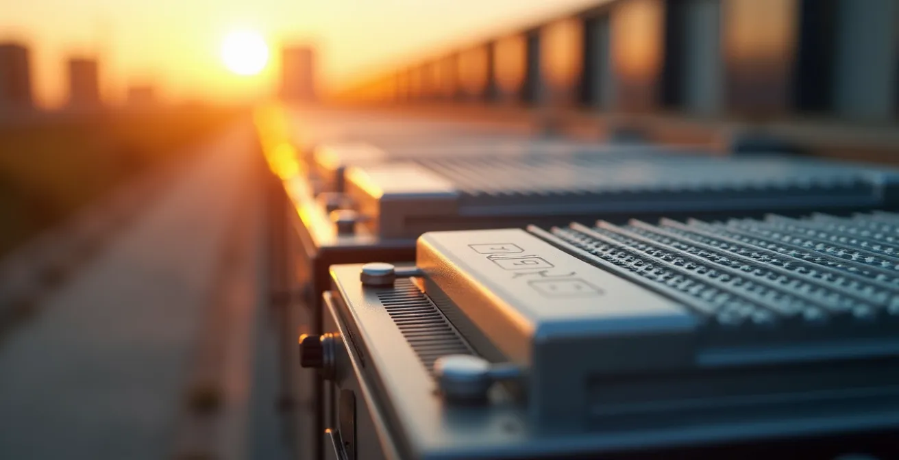 Modular battery storage installation at sunset showing scalable clean energy infrastructure