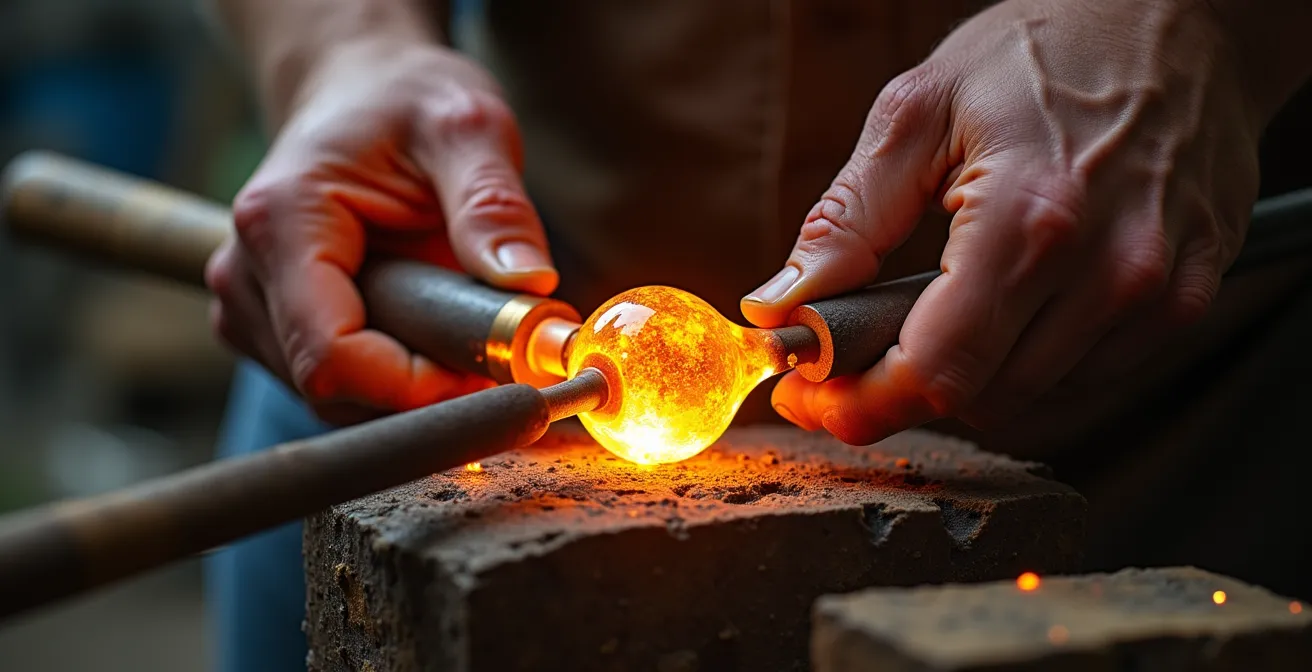 Close-up of Murano glass artisan's hands shaping molten glass