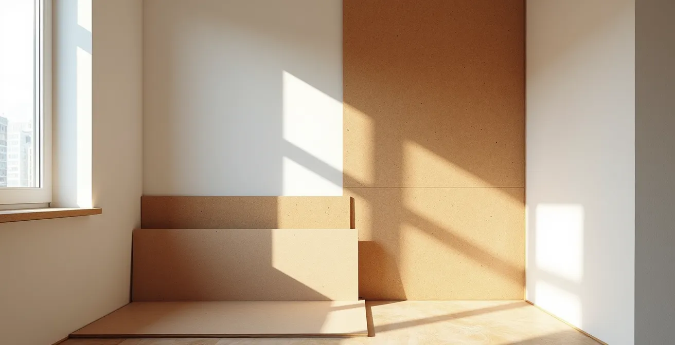 Wide view of a room corner showing natural soundproofing installation with wood fiberboard and cork