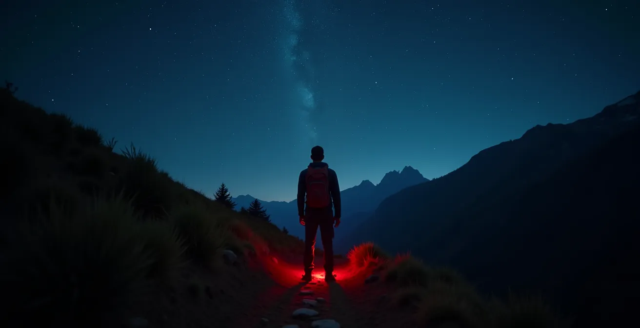 A hiker on a mountain trail at night, using a subtle red headlamp that illuminates the path without causing light pollution, protecting wildlife's night vision.