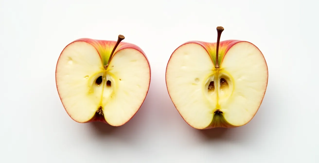 A minimalist, overhead shot comparing a vibrant, naturally imperfect organic apple half with a uniform, pale conventional apple half on a white background.