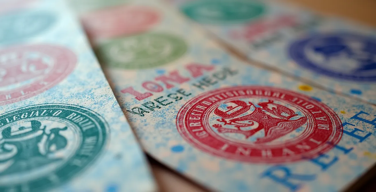 Close-up macro shot of passport pages with various European visa stamps and travel documents