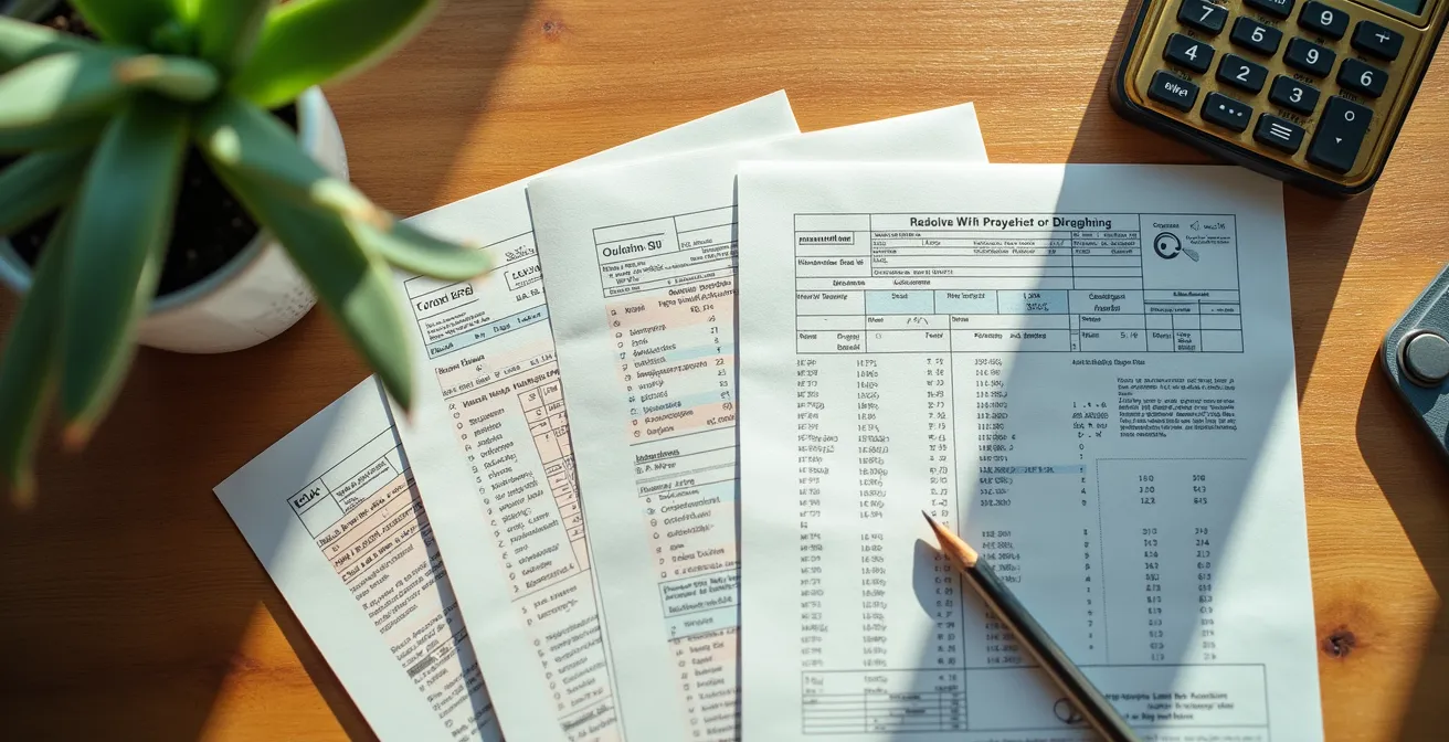 Aerial view of organized workspace with utility bills and calculation tools for carbon footprint assessment
