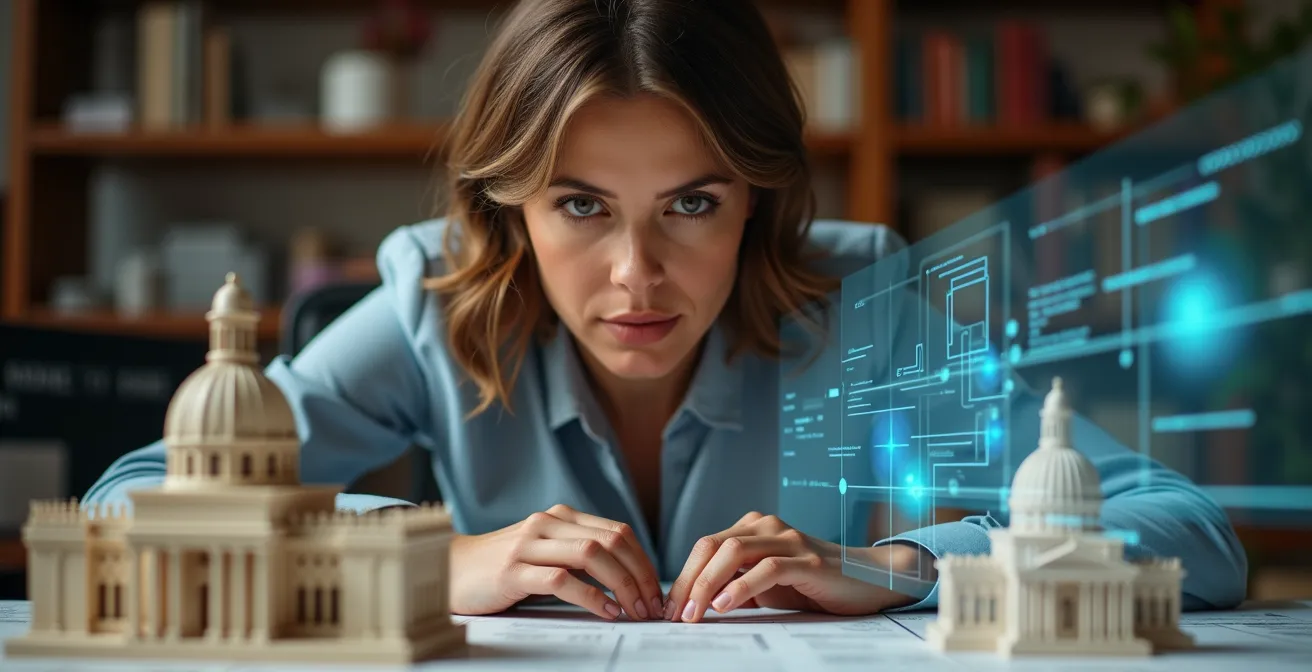 A professional bridging two distinct knowledge domains with AI tools, symbolizing a Pi-shaped skill set.