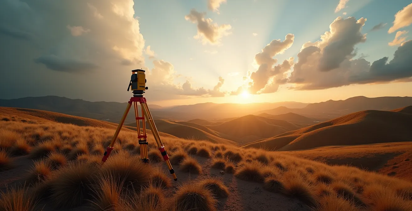 Land surveyor assessing undeveloped property at sunset