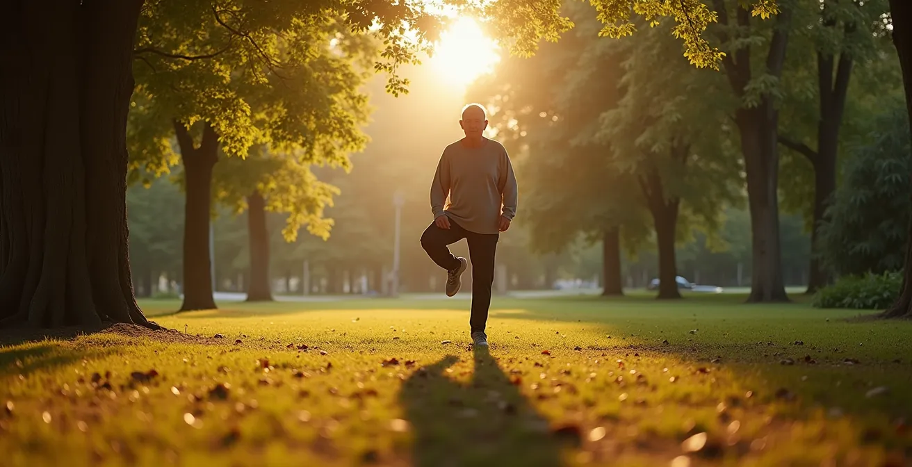 Older adult performing single-leg balance exercise outdoors in a serene park.