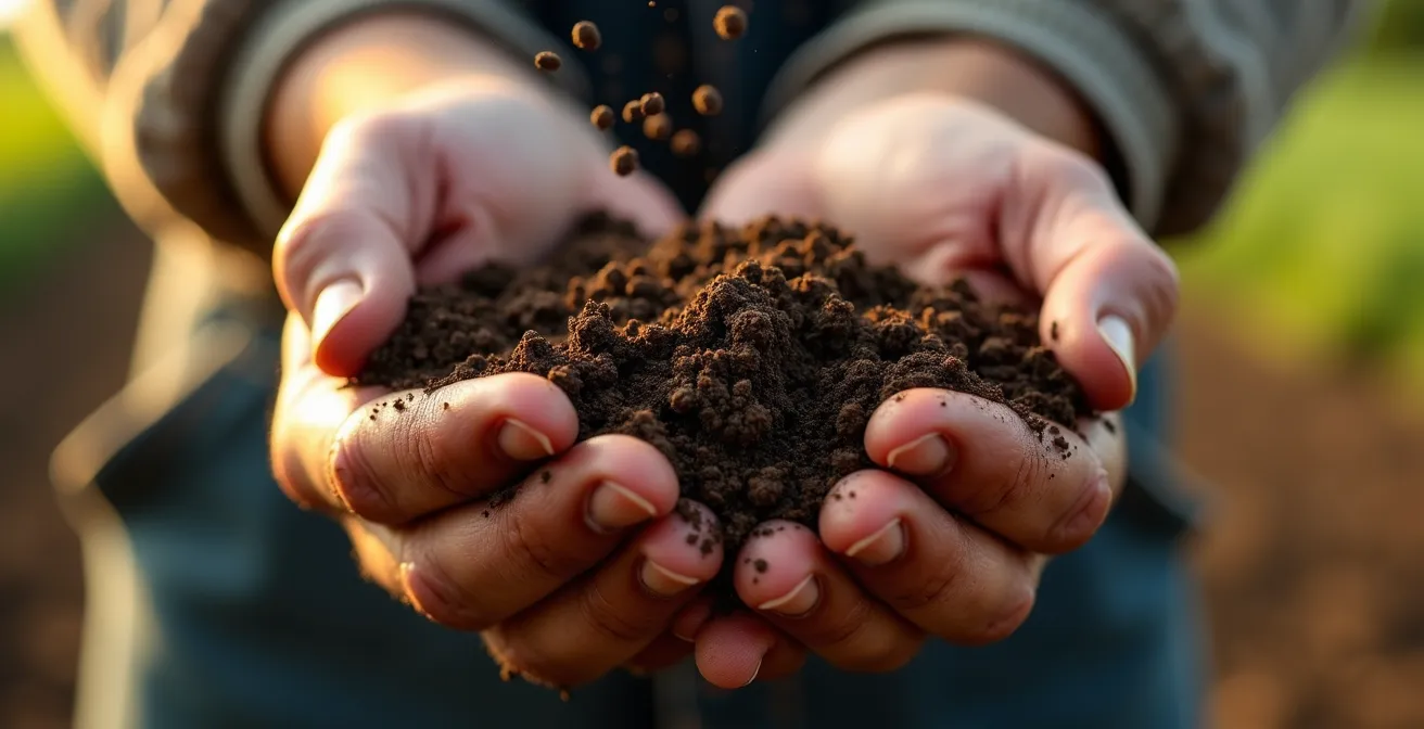 Human hands holding organic soil rich with visible microorganisms
